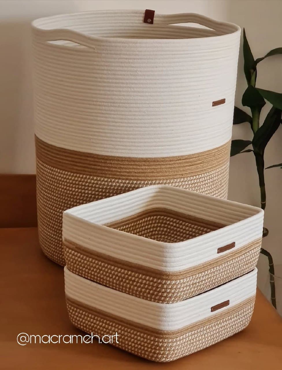 ست سه تکه سبد نظم دهنده قیطانی و کنفی مدل دو رنگ نود