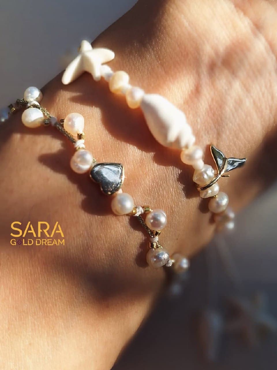 ست دستبند طلا و مروارید طبیعی زنانه طرح دریا