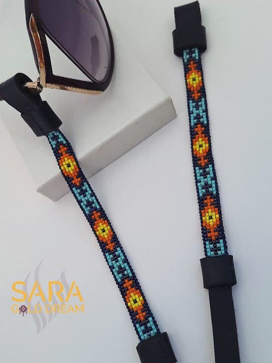 بند عینک دست ساز منجوقی طرح میوکی با چرم طبیعی