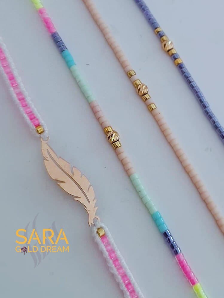 دستبند طلا دست ساز زنانه مدل پر با منجوق میوکی