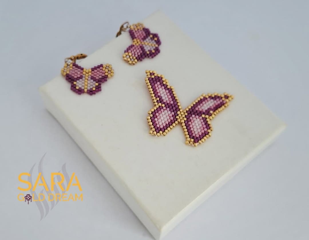 ست گوشواره و سنجاق سینه دست‌ساز طرح پروانه میوکی