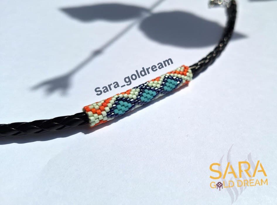 دستبند چرم بافت با منجوق میوکی طرح سنتی