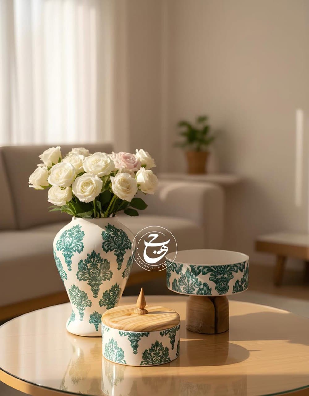 ست دکوری و پذیرایی سرامیکی دست‌ساز حَبه طرح داماسک