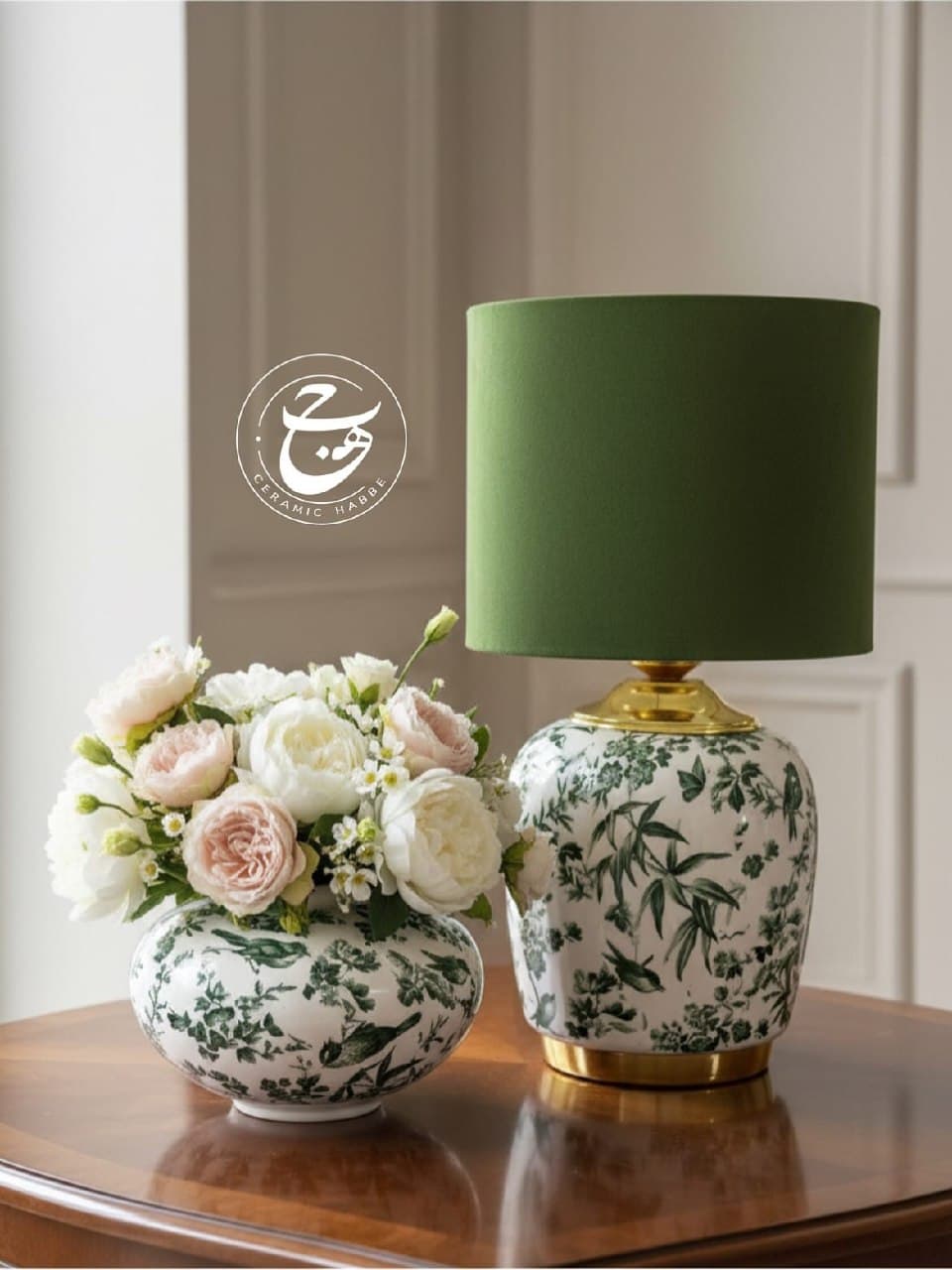 ست آباژور رومیزی و جینجر جار سرامیکی طرح جنگلی حبه