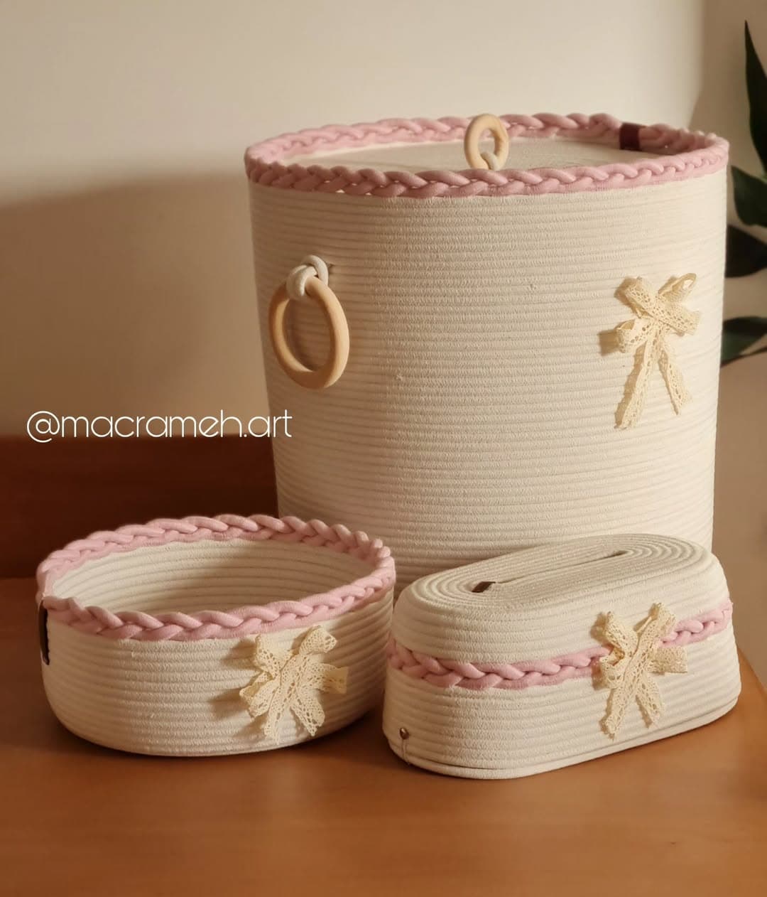 ست سبد و باکس ارگانایزر مکرومه کودک مدل گیس بافت