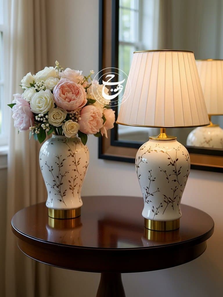 ست آباژور و گلدان دکوراتیو سرامیکی طرح شاخ و برگ حبه