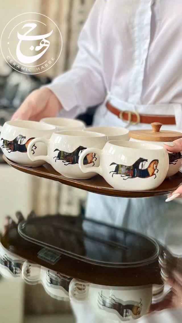 ست فنجان سرامیکی دست ساز طرح اسب هرمس