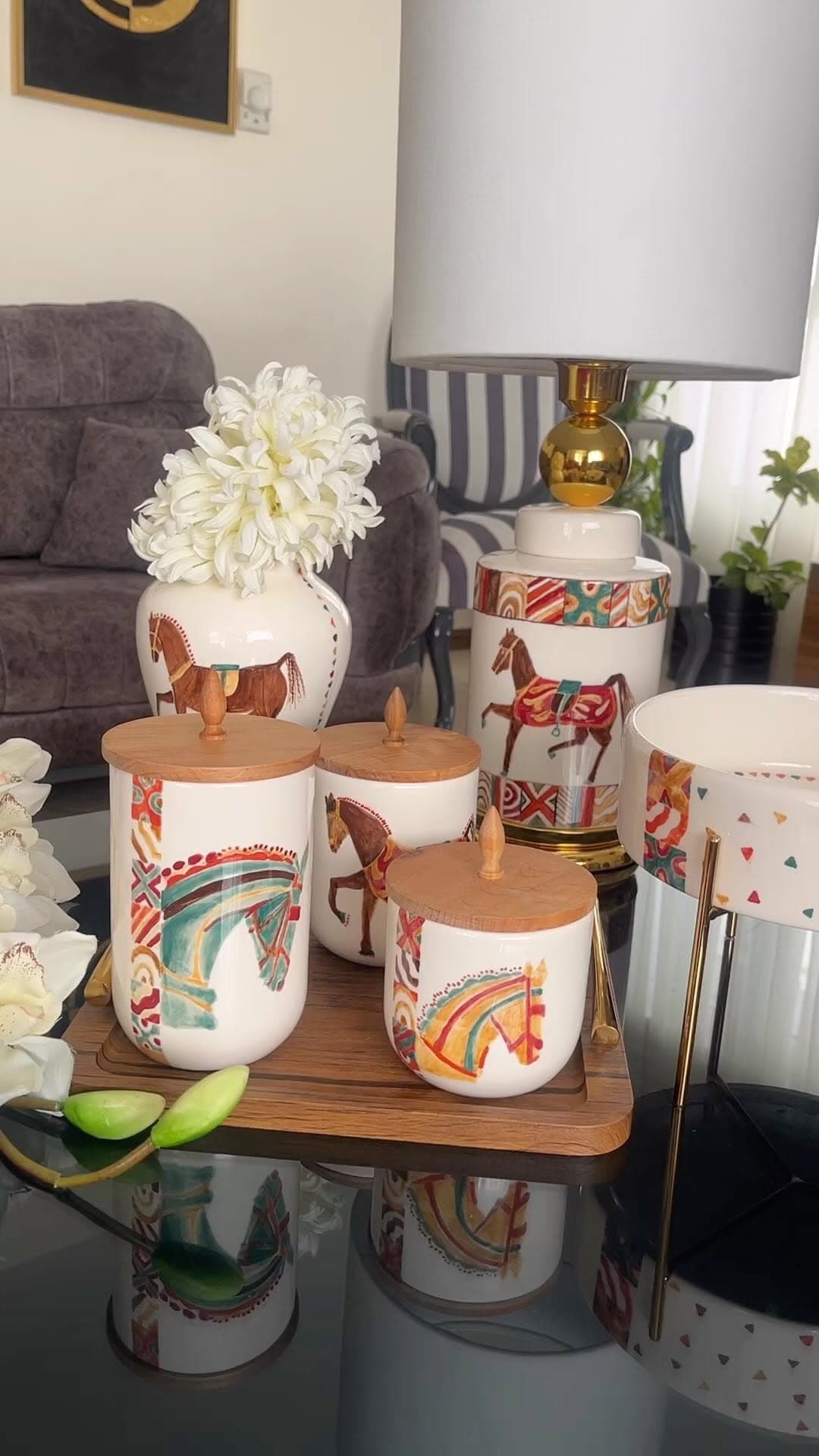 ست سه تایی بانکه سرامیکی طرح اسب با درب چوبی