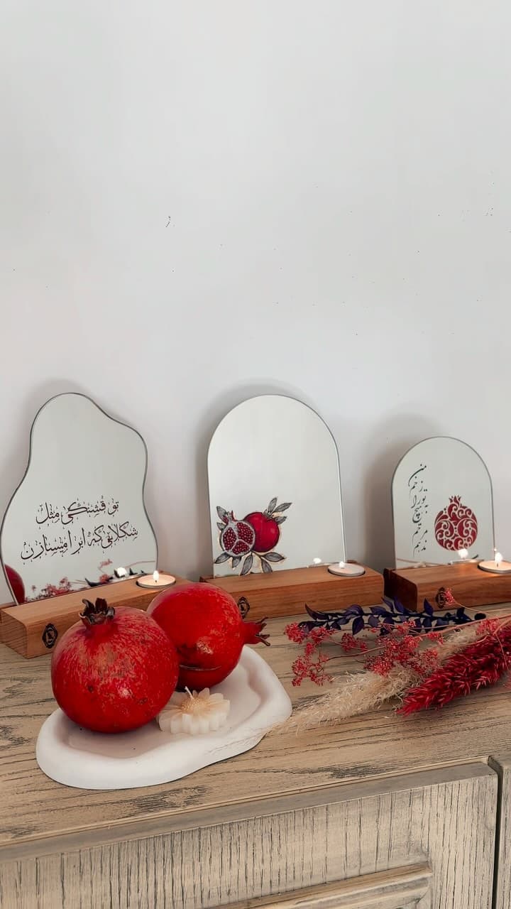 آینه و جاشمعی دکوراتیو رومیزی چوبی طرح یلدا