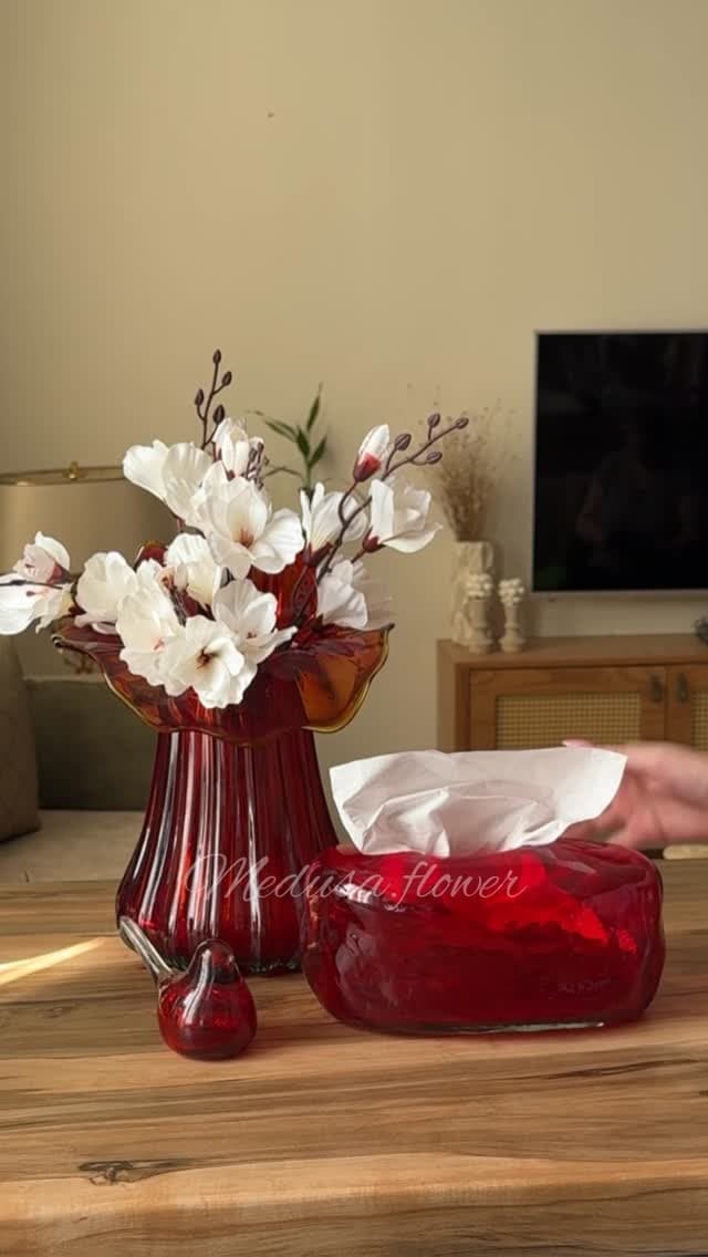 ست دکوری ۳ تکه شیشه ای دست ساز مدوسا رنگ قرمز