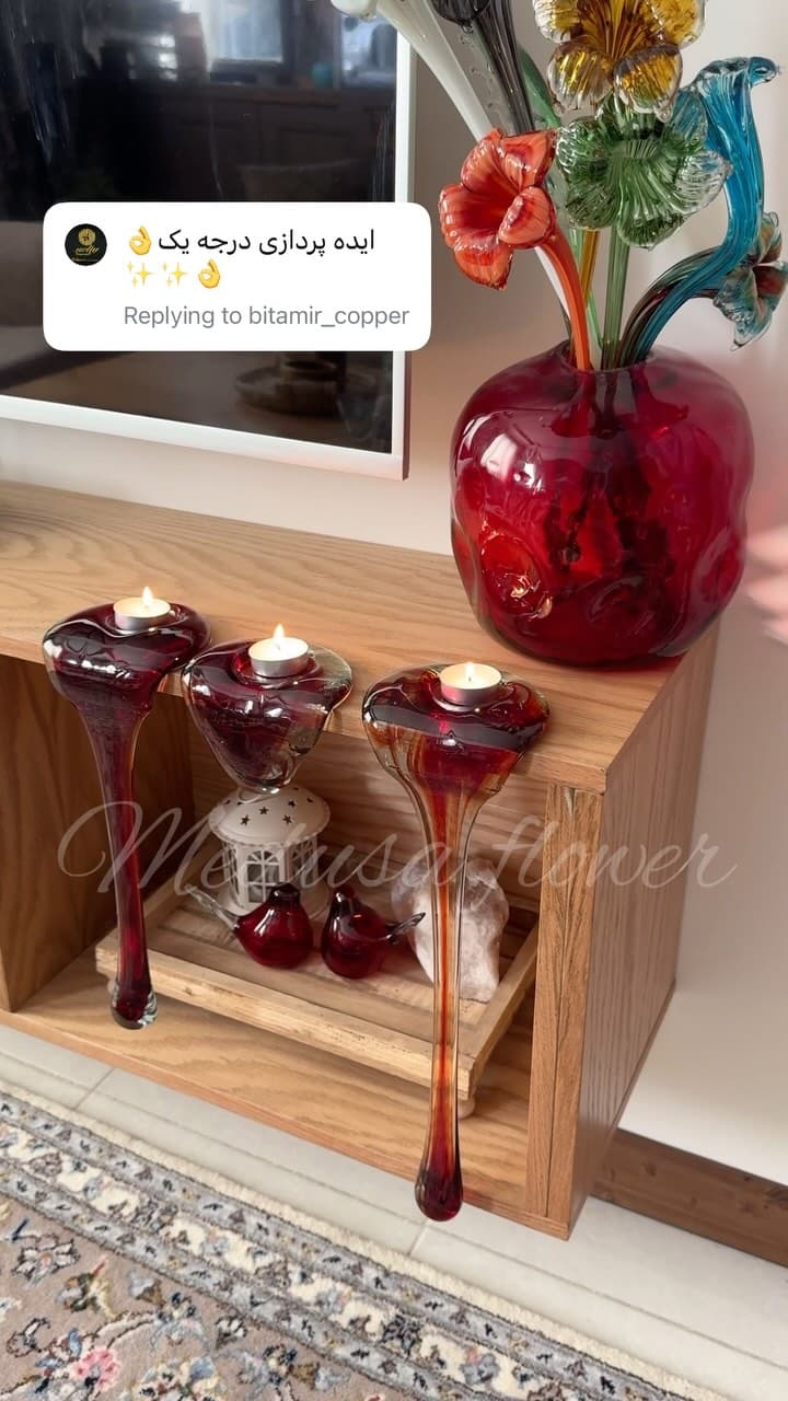 ست سه عددی شمعدان بلوری دست ساز مدل اشکی رنگ قرمز