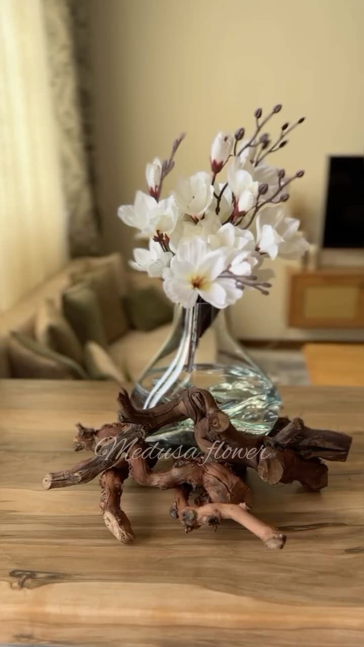 گلدان دکوراتیو دست ساز با پایه چوب طبیعی و حباب شیشه ای