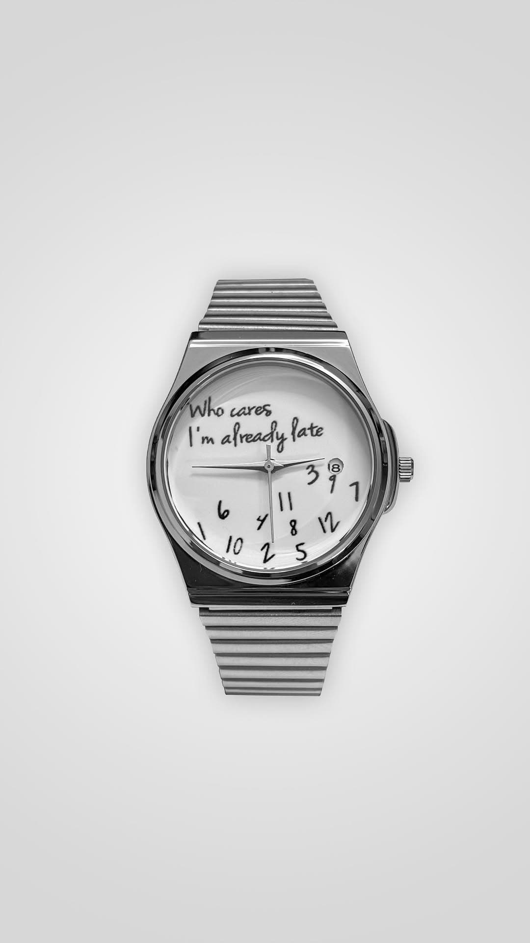 ساعت مچی استیل مون واچ طرح Who Cares I'm Already Late