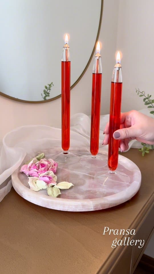 ست دکوری سینی و جاشمعی سنگ مرمر صورتی