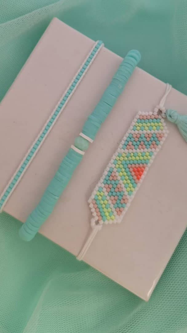 ست دستبند زنانه دستباف میوکی و پلیمری رنگ پاستلی
