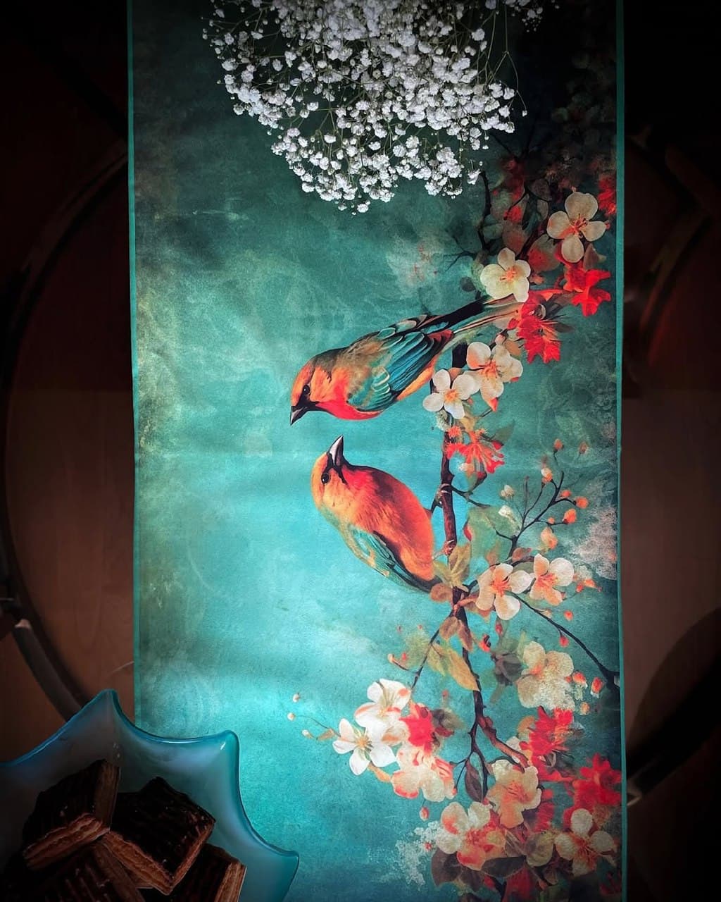 رانر مخمل طرح پرنده و شکوفه