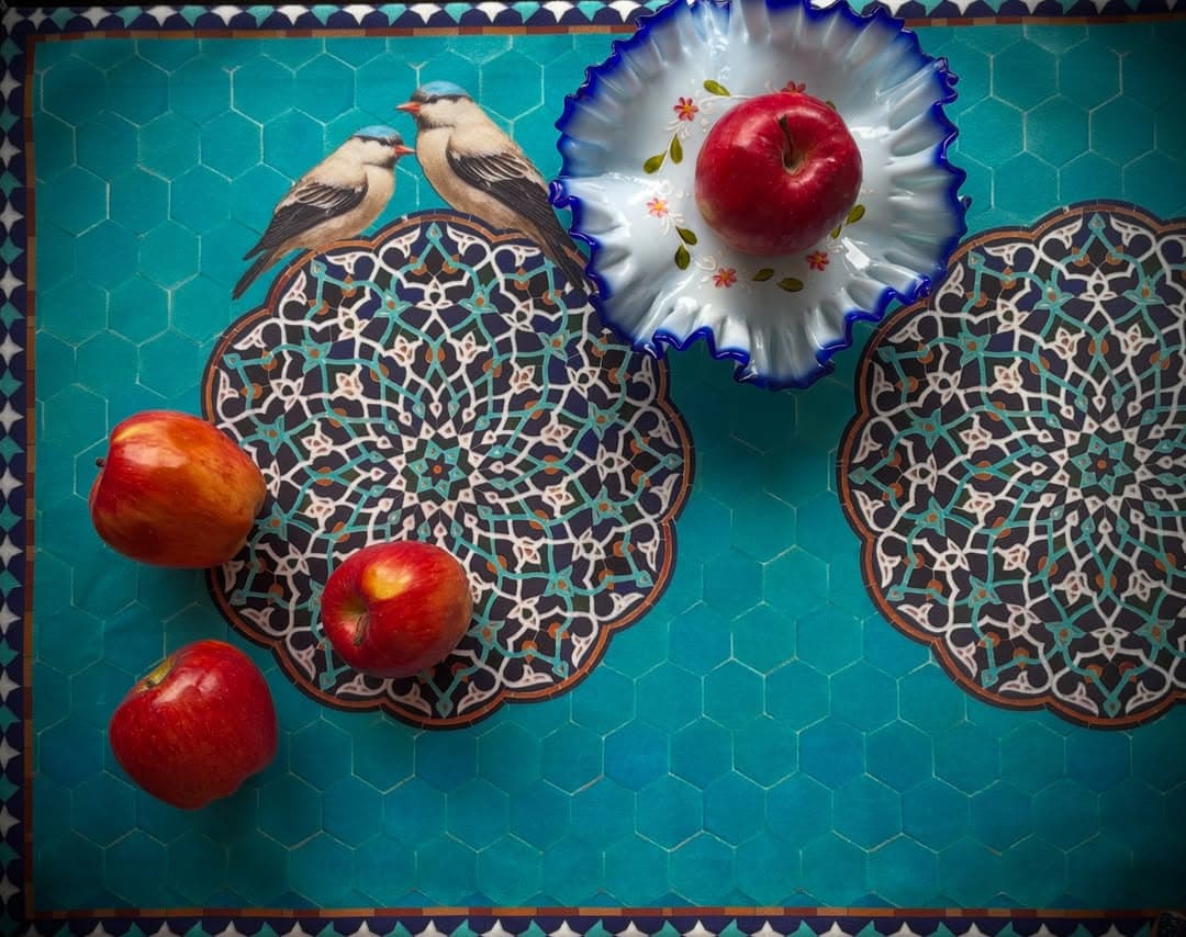 رانر مخمل طرح کاشی و مرغ