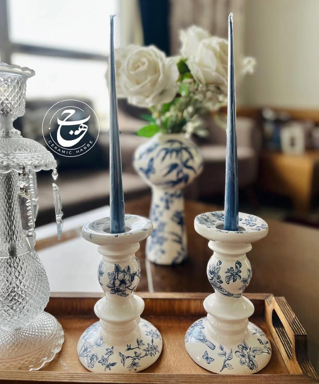 ست دو عددی شمعدان سرامیکی دست ساز طرح پرنده آبی