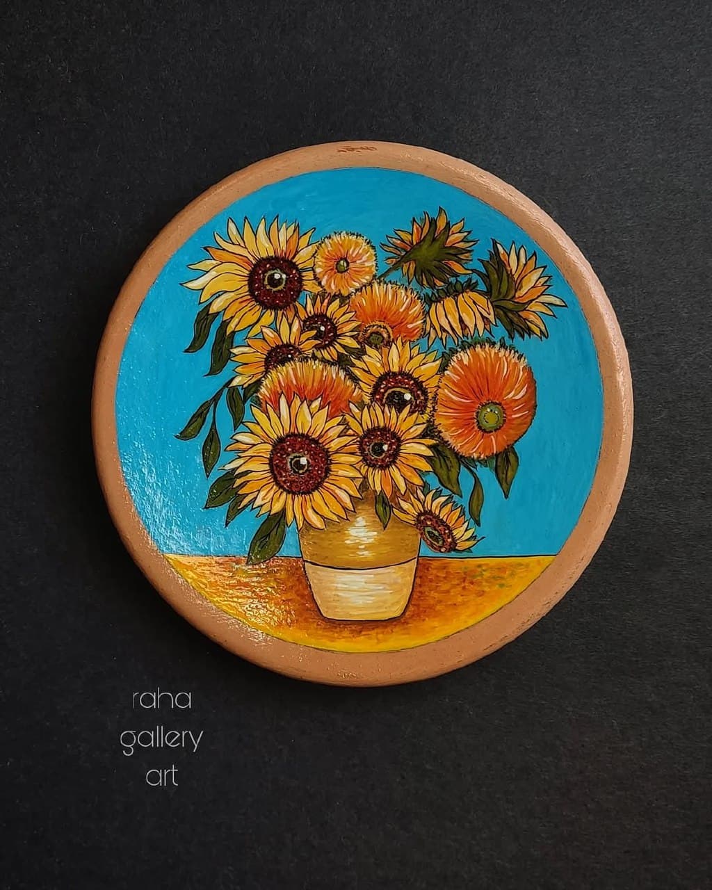 دیوارکوب سفالی دست ساز طرح گل آفتابگردان ونگوگ