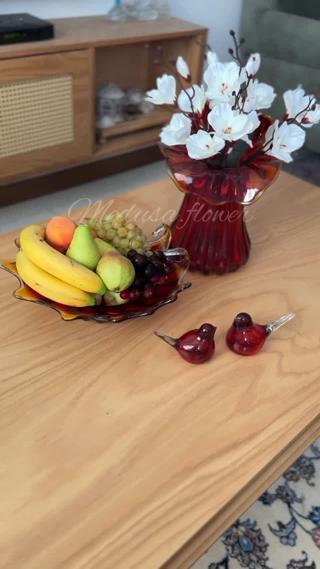 ست گلدان و میوه خوری شیشه ای دست ساز مدل موج و خورشید